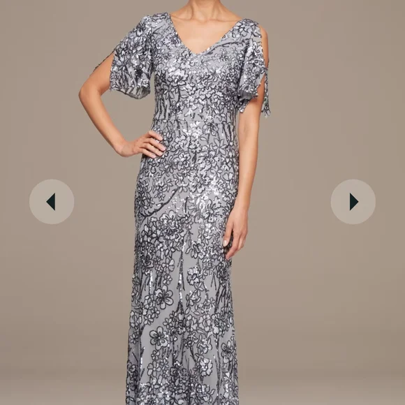alex evenings women's long sequin dress with flutter sleeves Alex Evenings V-Neck Cold Shoulder Short Flutter Sleeves V-Back Zipper  Closure Shimmering Sequin Floor Length Silhouette Gown Dress main image 1